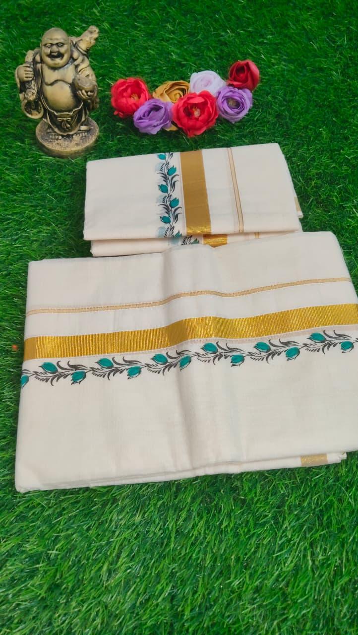 Cotton Floral print with golden zari Set Mund