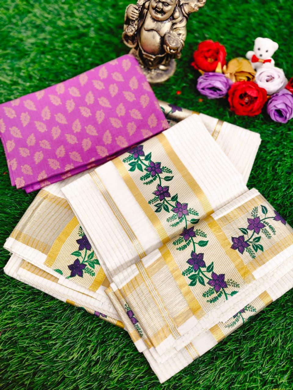 Golden Printed Tissue Striped Set Mundu