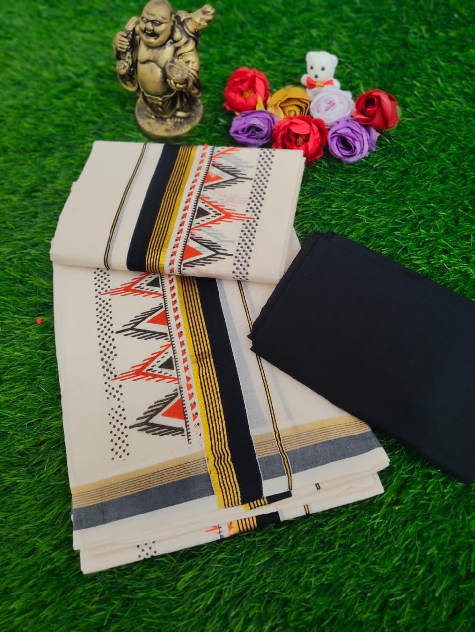 Classic Kasavu with printed Gopuram design Set mund